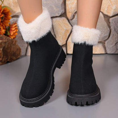 Square-Heeled Snow Boots Winter plus Velvet Platform Plush Shoes Fashion Warm Non-Slip Mid-Calf Boot for Women