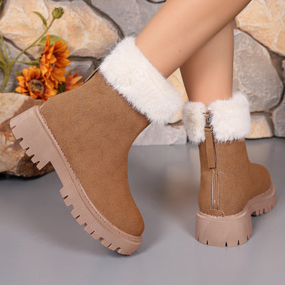 Square-Heeled Snow Boots Winter plus Velvet Platform Plush Shoes Fashion Warm Non-Slip Mid-Calf Boot for Women