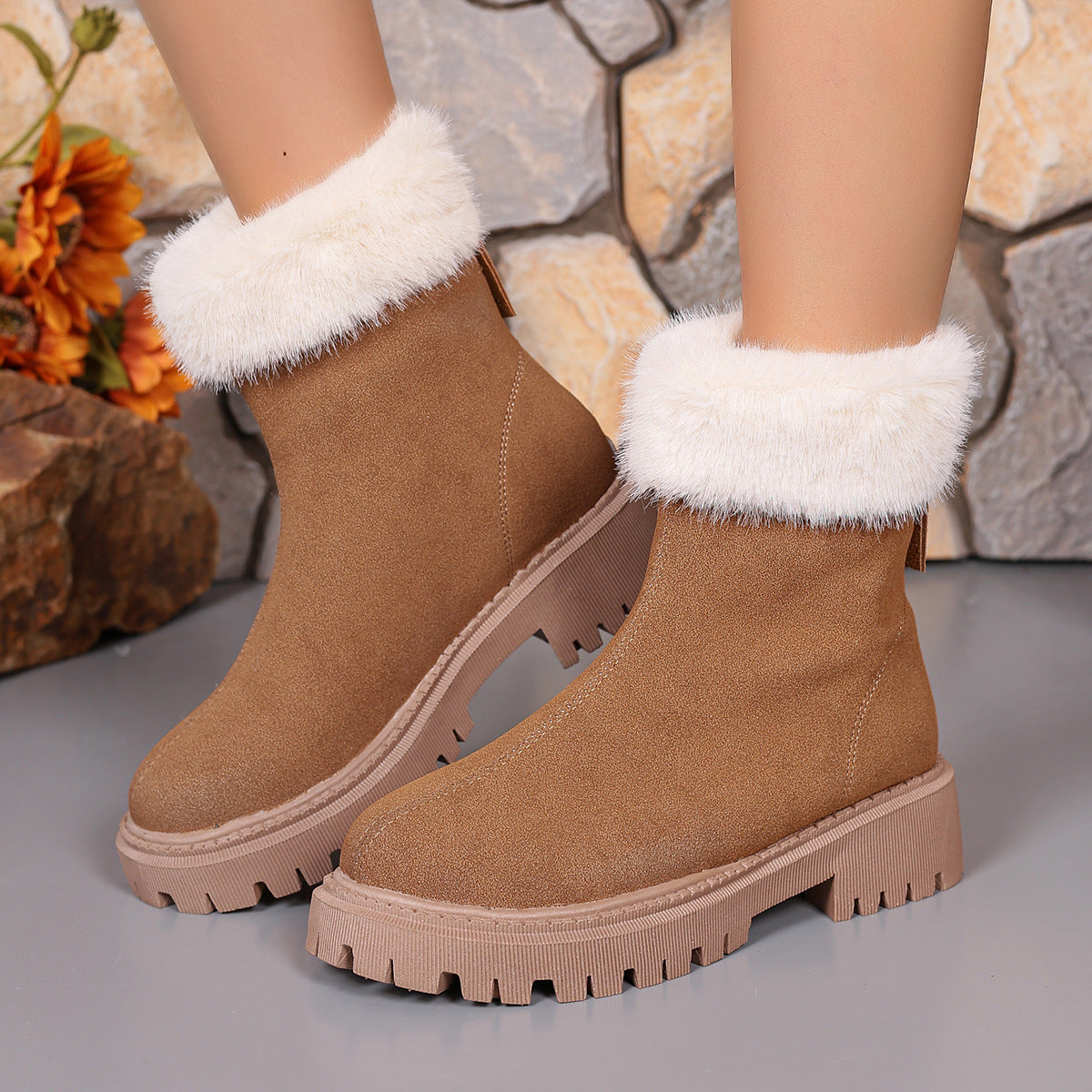 Square-Heeled Snow Boots Winter plus Velvet Platform Plush Shoes Fashion Warm Non-Slip Mid-Calf Boot for Women