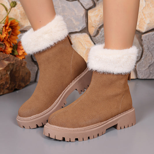 Square-Heeled Snow Boots Winter plus Velvet Platform Plush Shoes Fashion Warm Non-Slip Mid-Calf Boot for Women