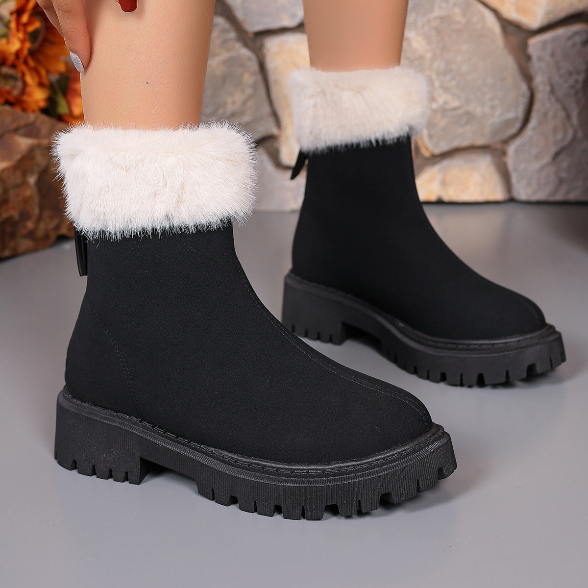 Square-Heeled Snow Boots Winter plus Velvet Platform Plush Shoes Fashion Warm Non-Slip Mid-Calf Boot for Women
